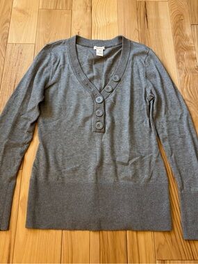 Sundance Gray Cotton Rabbit Hair Blend Henley V Neck Button Accent Sweater